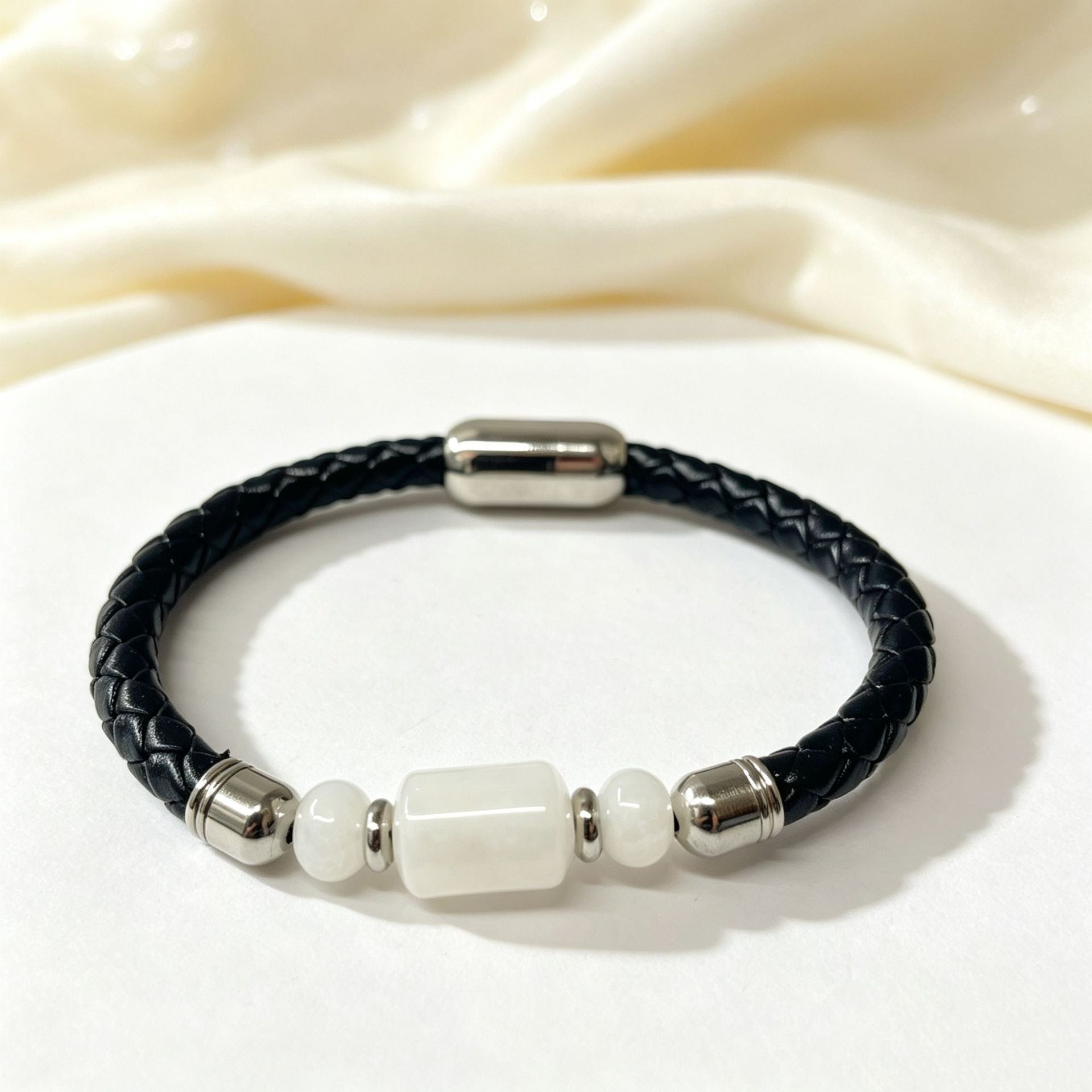 Handmade Stripe Unisex Bracelet With PU Leather Rope Chain And Crystal Inlay Material