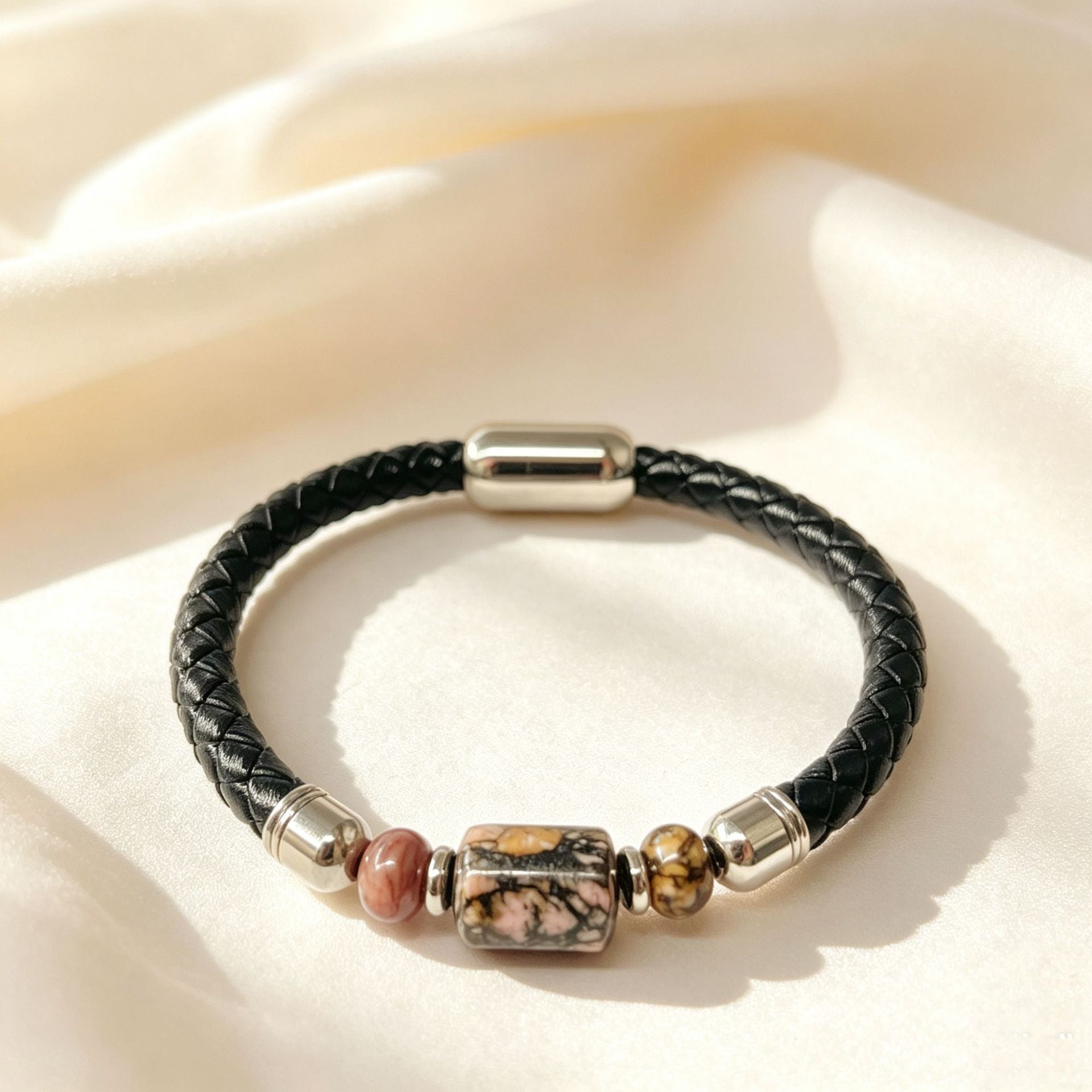 Handmade Stripe Unisex Bracelet With PU Leather Rope Chain And Crystal Inlay Material