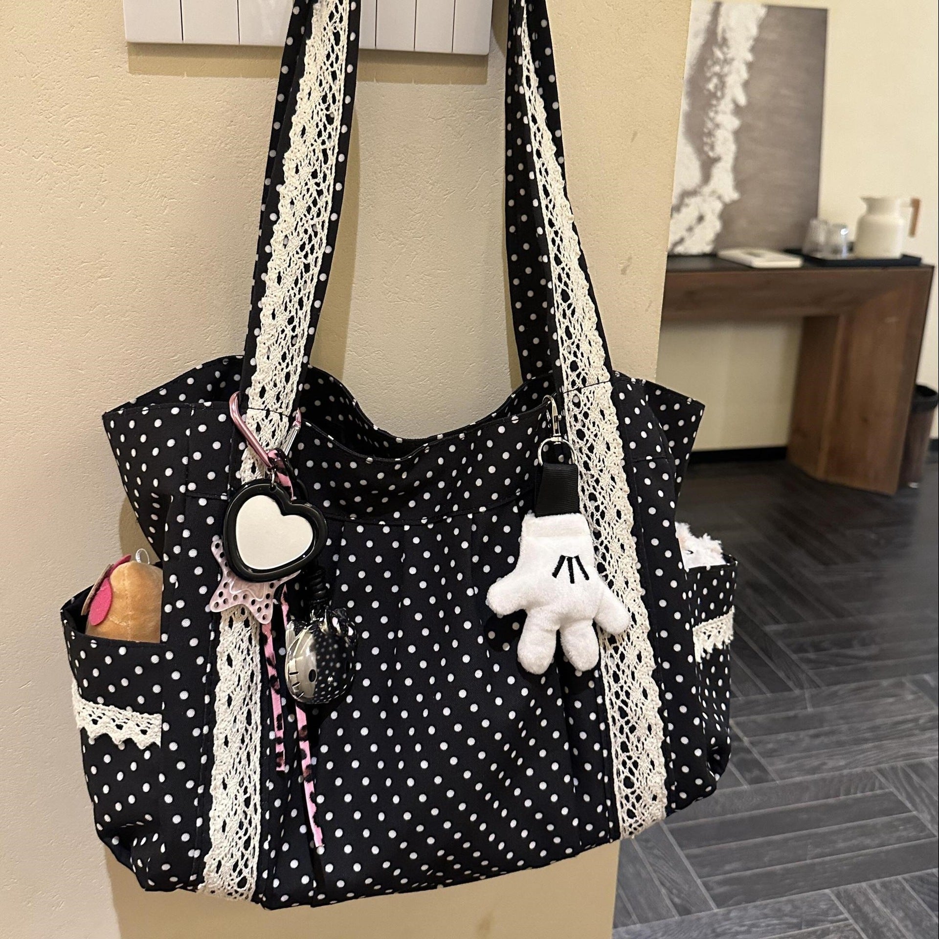 Canvas Polka Dots Square Tote Bag With Lace, Large Capacity, Single Shoulder Strap For Women