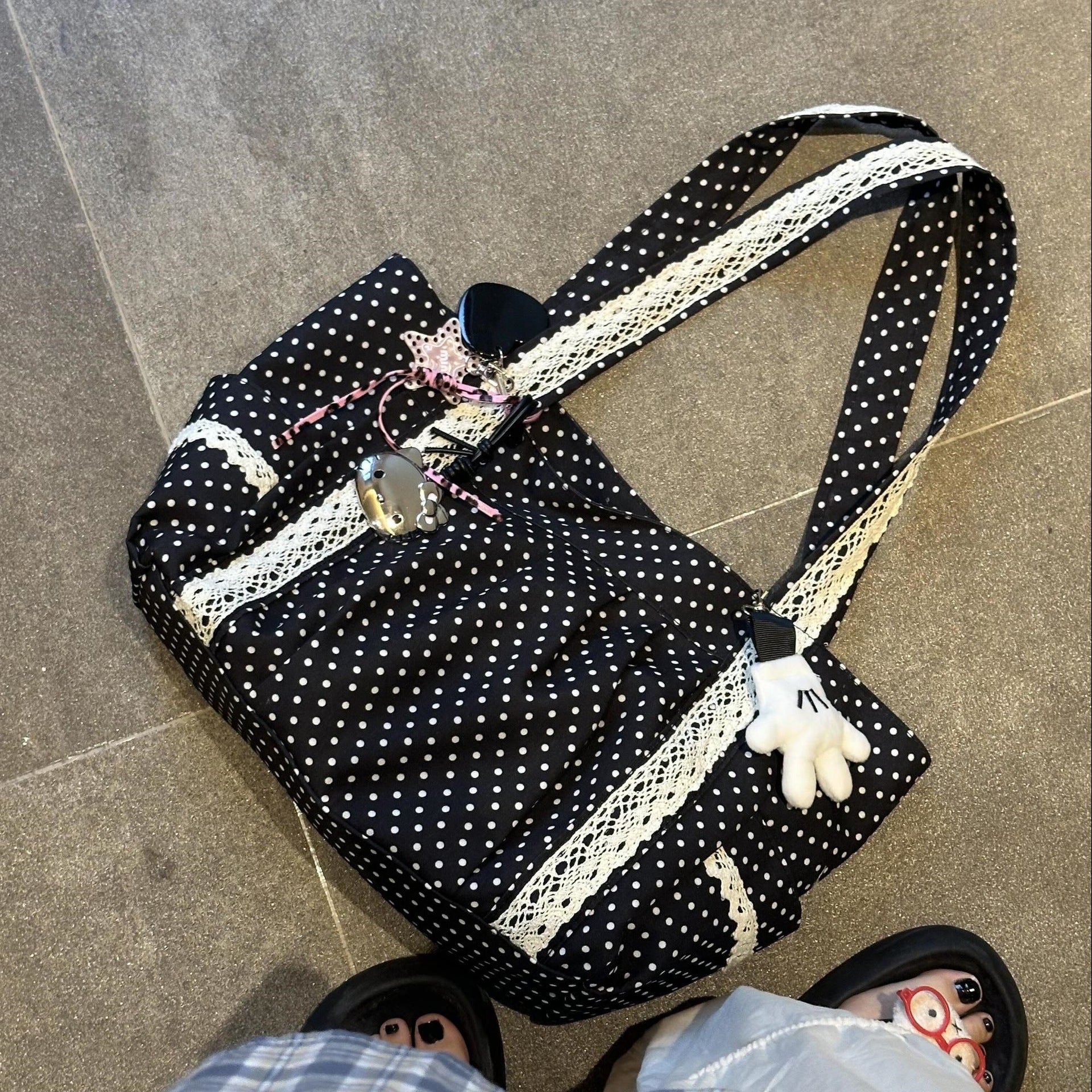 Canvas Polka Dots Square Tote Bag With Lace, Large Capacity, Single Shoulder Strap For Women