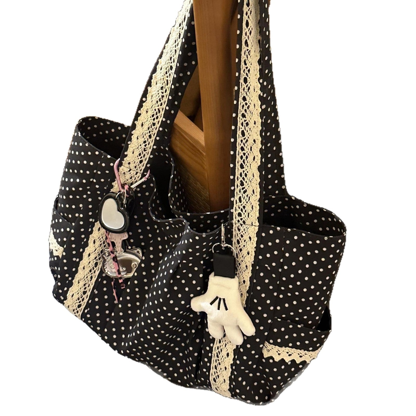 Canvas Polka Dots Square Tote Bag With Lace, Large Capacity, Single Shoulder Strap For Women
