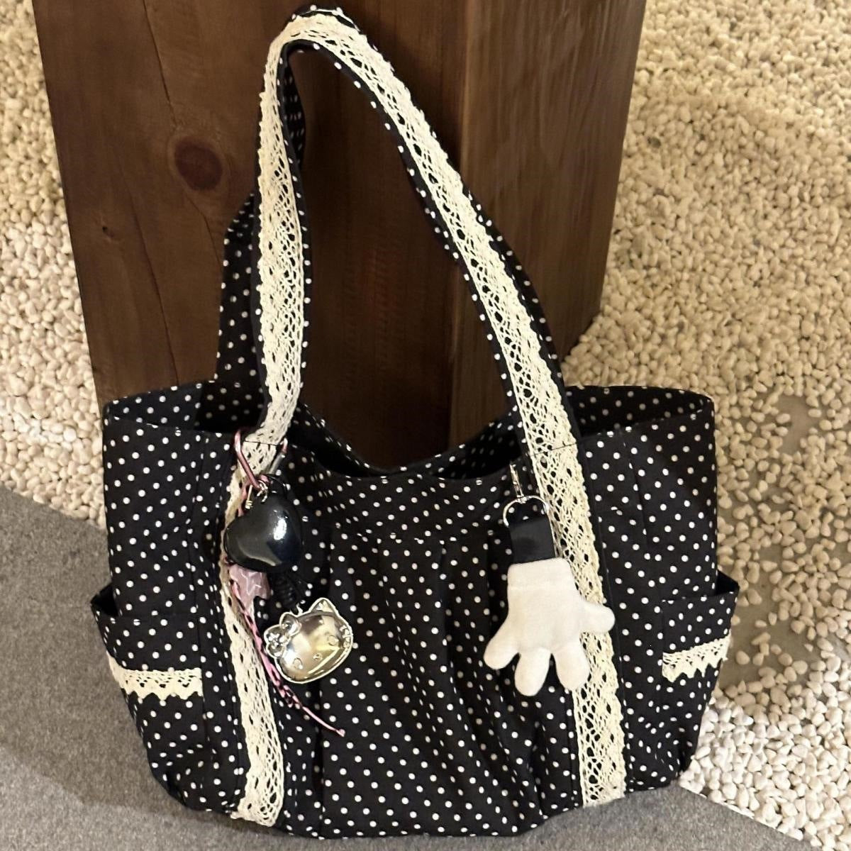 Canvas Polka Dots Square Tote Bag With Lace, Large Capacity, Single Shoulder Strap For Women
