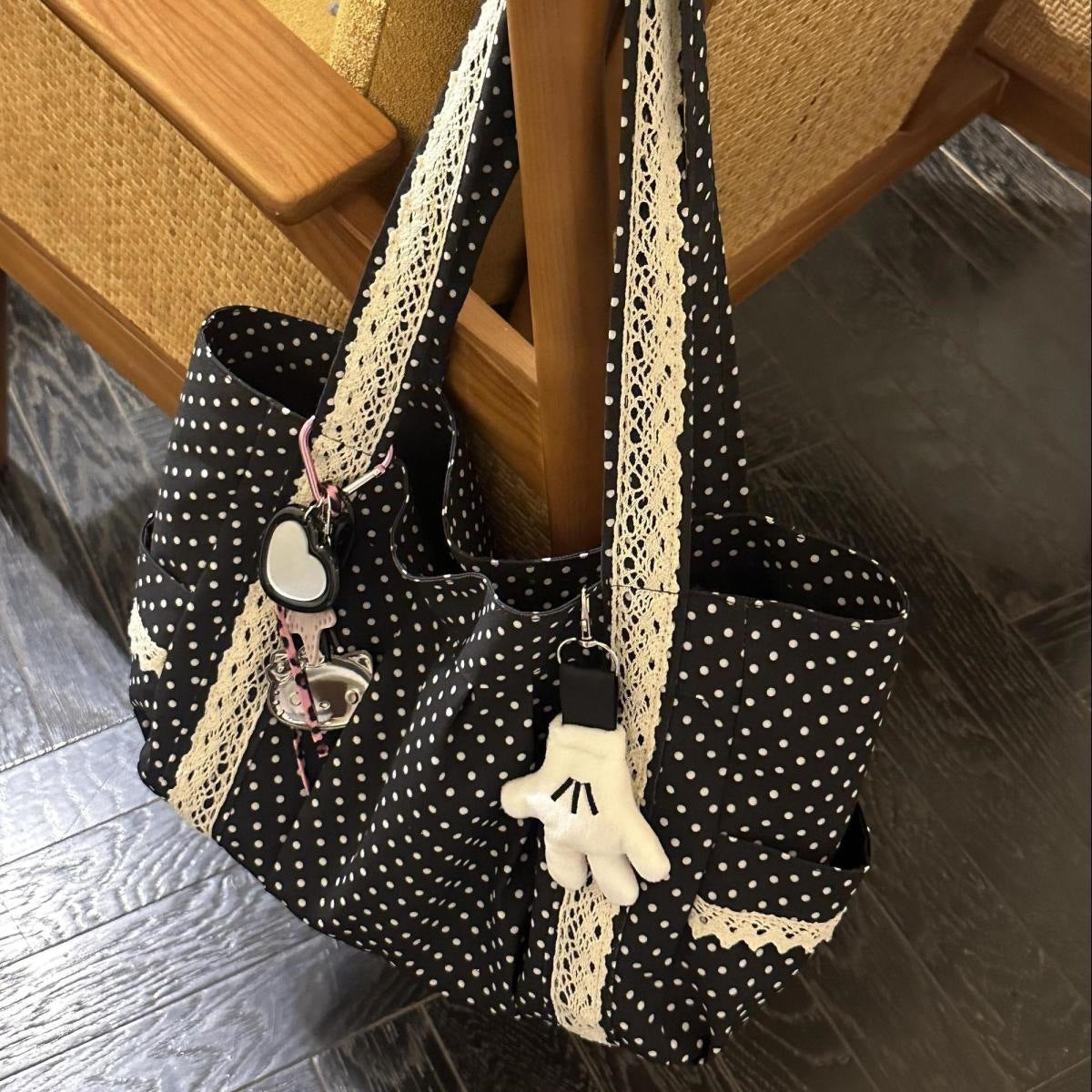 Canvas Polka Dots Square Tote Bag With Lace, Large Capacity, Single Shoulder Strap For Women
