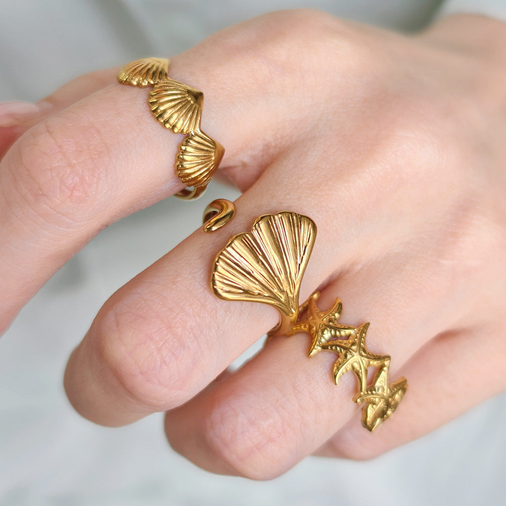 Starfish Adjustable Ring For Women In Marine Style, Asymmetrical Design With PVD Coated 304 Stainless Steel And Shell Inlay