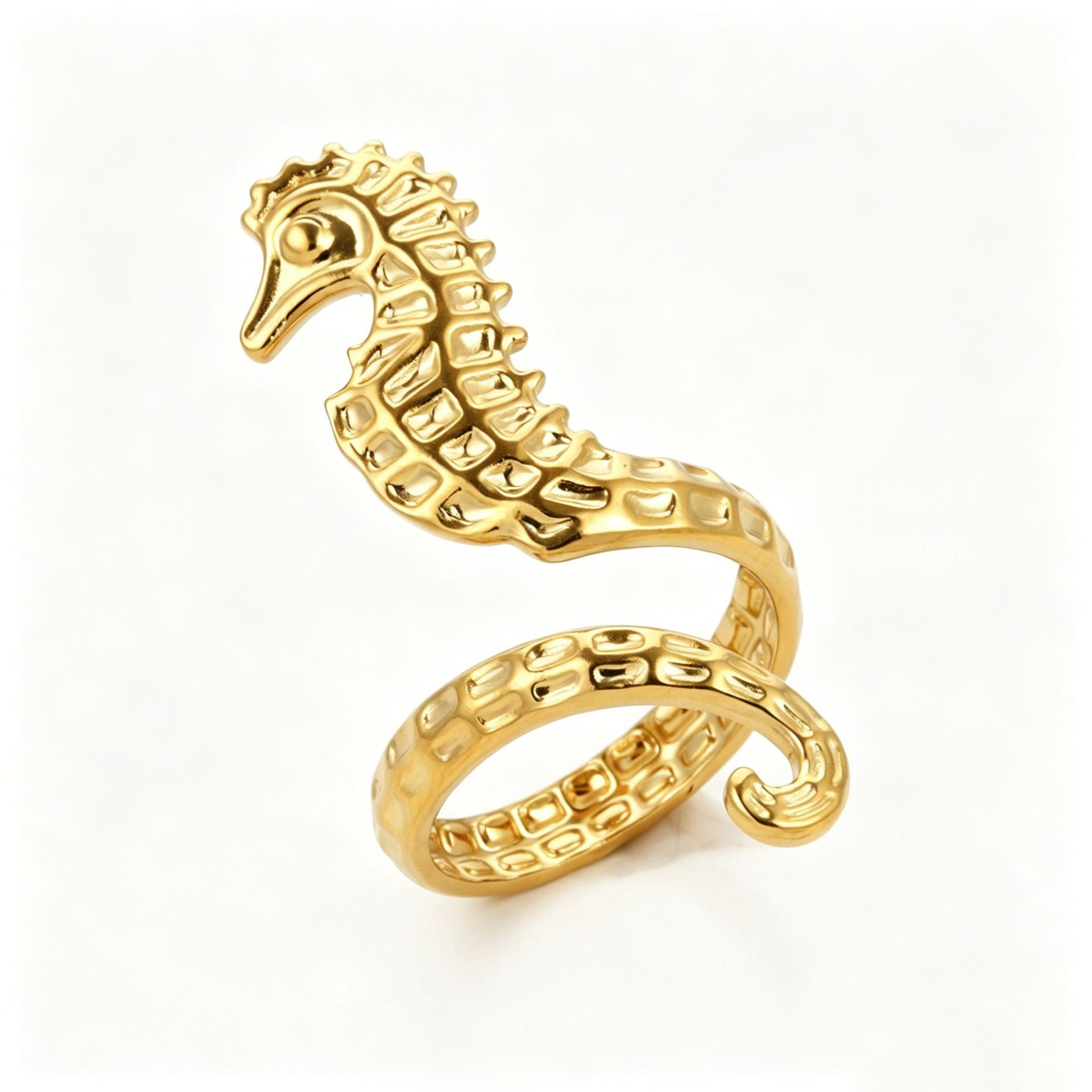 Starfish Adjustable Ring For Women In Marine Style, Asymmetrical Design With PVD Coated 304 Stainless Steel And Shell Inlay