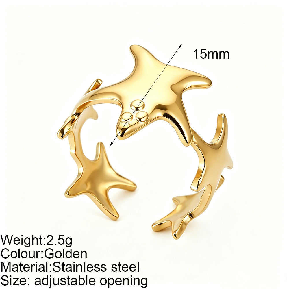 Starfish Adjustable Ring For Women In Marine Style, Asymmetrical Design With PVD Coated 304 Stainless Steel And Shell Inlay