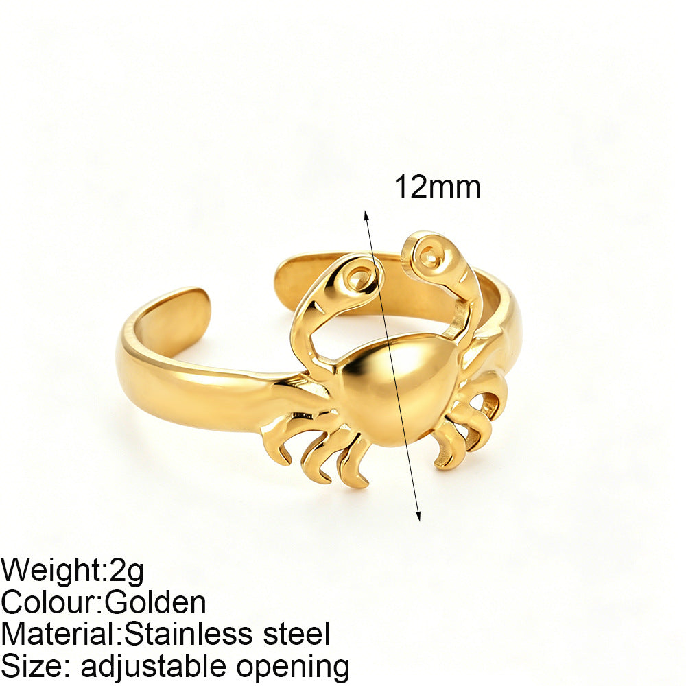 Starfish Adjustable Ring For Women In Marine Style, Asymmetrical Design With PVD Coated 304 Stainless Steel And Shell Inlay