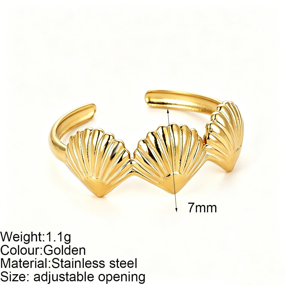 Starfish Adjustable Ring For Women In Marine Style, Asymmetrical Design With PVD Coated 304 Stainless Steel And Shell Inlay