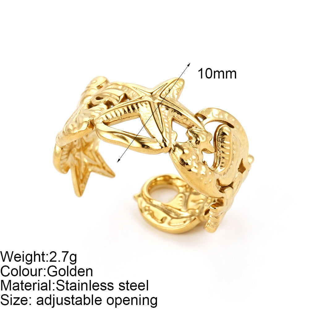 Starfish Adjustable Ring For Women In Marine Style, Asymmetrical Design With PVD Coated 304 Stainless Steel And Shell Inlay
