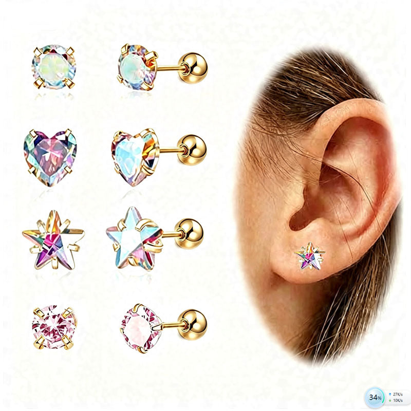 Pentagram Hypoallergenic Stud Earrings For Women In 304 Stainless Steel With 18K Gold PVD Coating And Zircon Inlay