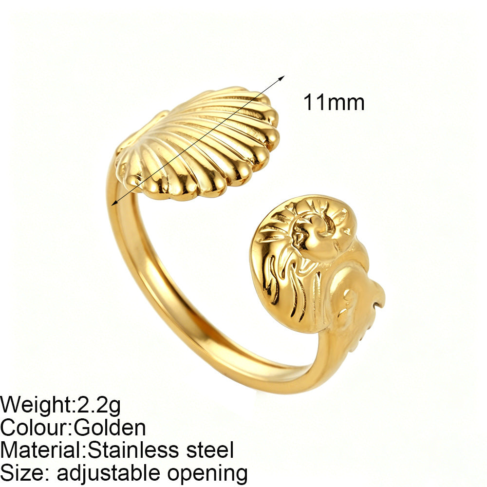 Starfish Adjustable Ring For Women In Marine Style, Asymmetrical Design With PVD Coated 304 Stainless Steel And Shell Inlay