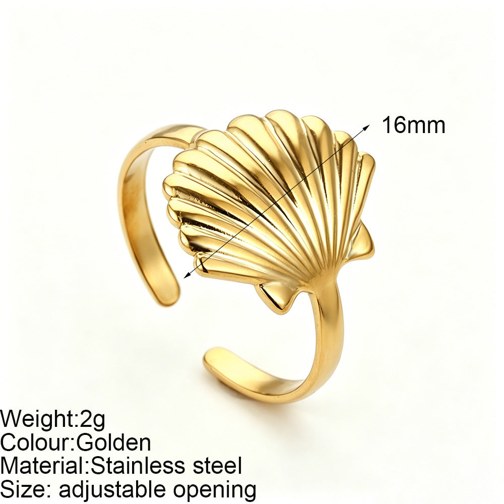 Starfish Adjustable Ring For Women In Marine Style, Asymmetrical Design With PVD Coated 304 Stainless Steel And Shell Inlay