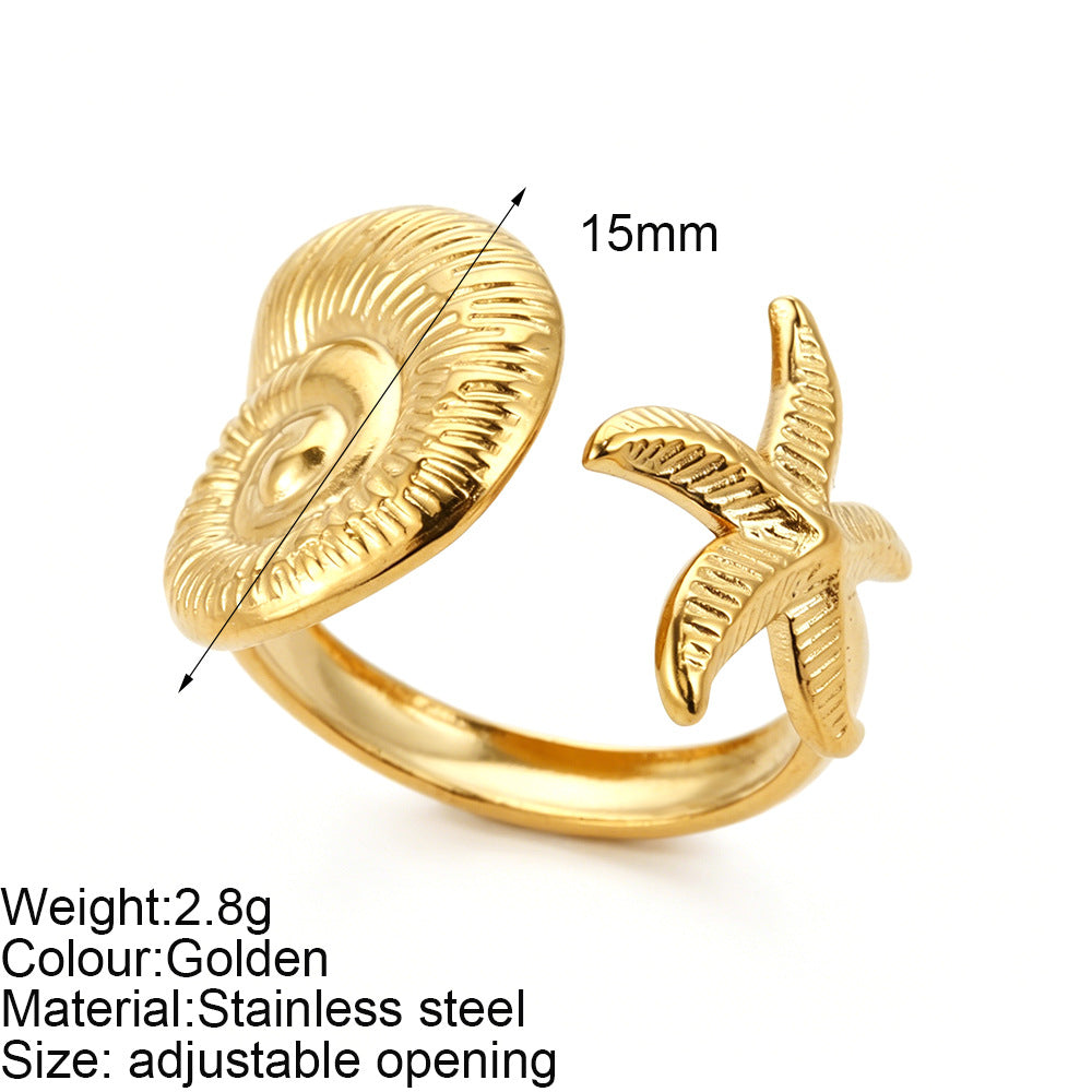 Starfish Adjustable Ring For Women In Marine Style, Asymmetrical Design With PVD Coated 304 Stainless Steel And Shell Inlay