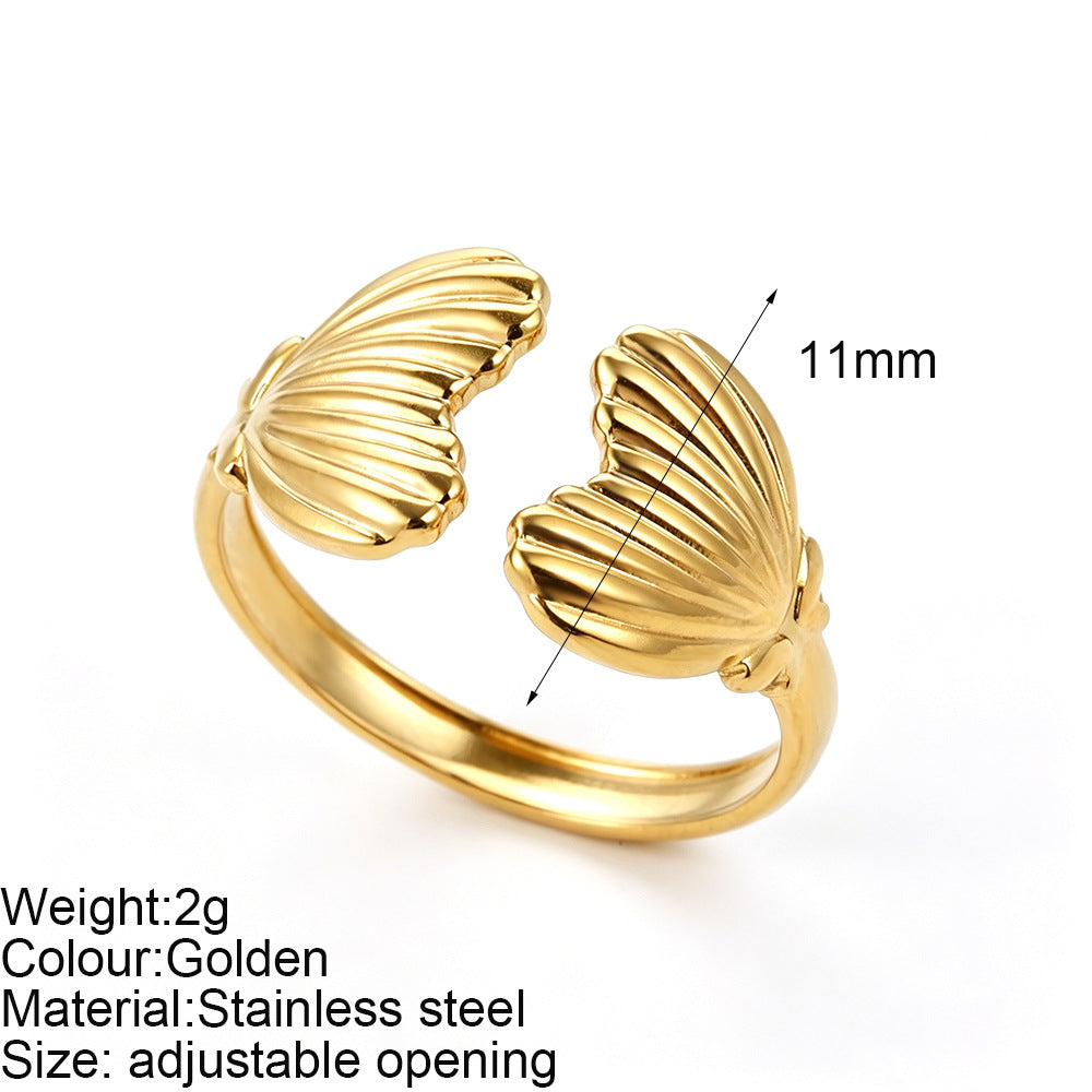 Starfish Adjustable Ring For Women In Marine Style, Asymmetrical Design With PVD Coated 304 Stainless Steel And Shell Inlay
