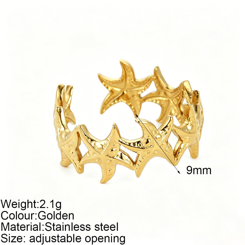 Starfish Adjustable Ring For Women In Marine Style, Asymmetrical Design With PVD Coated 304 Stainless Steel And Shell Inlay