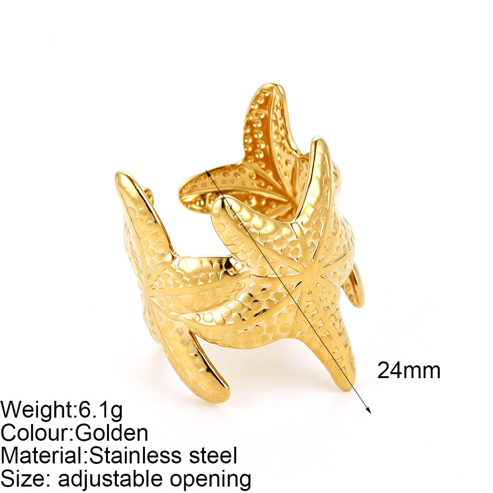 Starfish Adjustable Ring For Women In Marine Style, Asymmetrical Design With PVD Coated 304 Stainless Steel And Shell Inlay