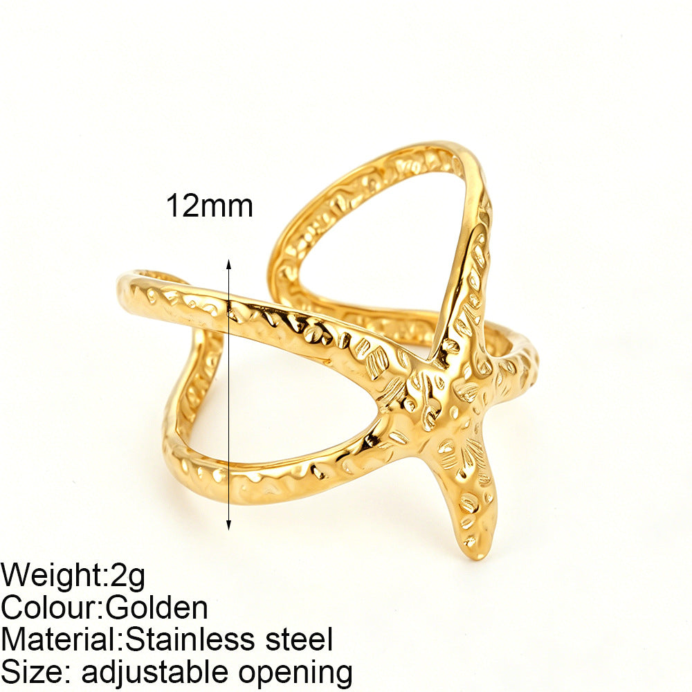 Starfish Adjustable Ring For Women In Marine Style, Asymmetrical Design With PVD Coated 304 Stainless Steel And Shell Inlay