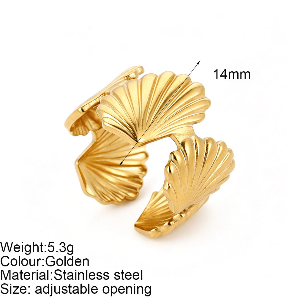 Starfish Adjustable Ring For Women In Marine Style, Asymmetrical Design With PVD Coated 304 Stainless Steel And Shell Inlay