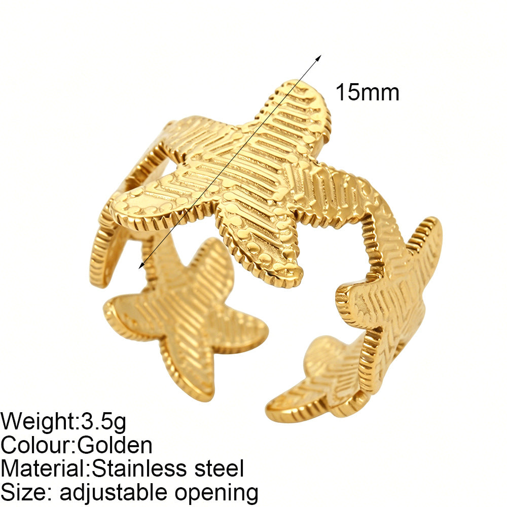 Starfish Adjustable Ring For Women In Marine Style, Asymmetrical Design With PVD Coated 304 Stainless Steel And Shell Inlay