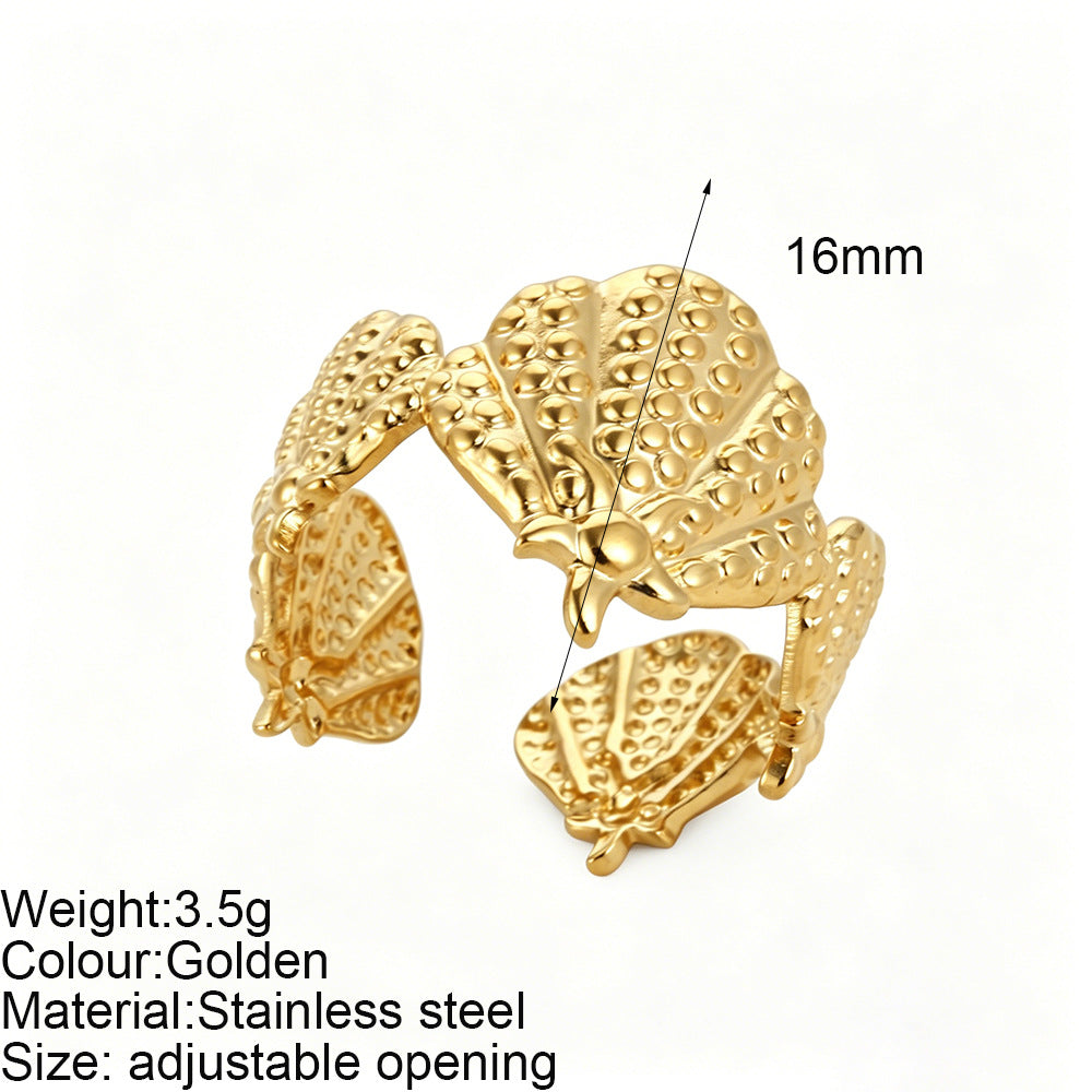 Starfish Adjustable Ring For Women In Marine Style, Asymmetrical Design With PVD Coated 304 Stainless Steel And Shell Inlay