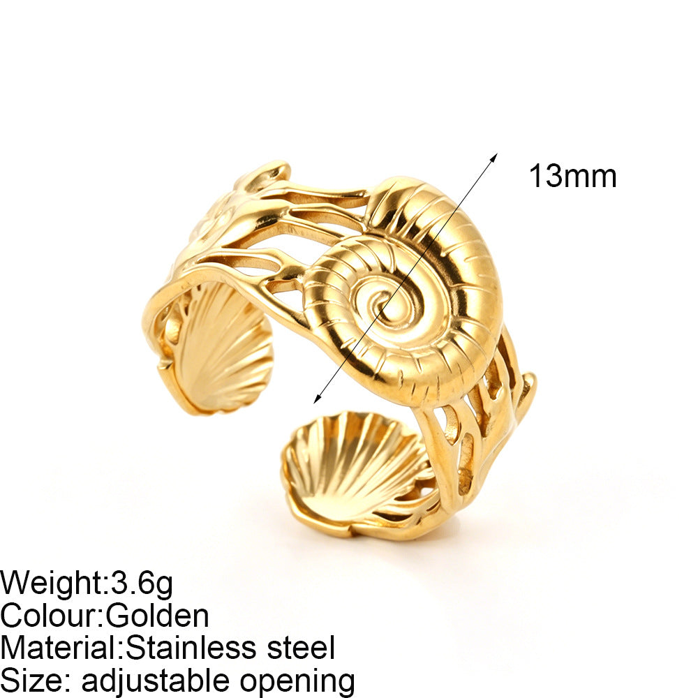 Starfish Adjustable Ring For Women In Marine Style, Asymmetrical Design With PVD Coated 304 Stainless Steel And Shell Inlay