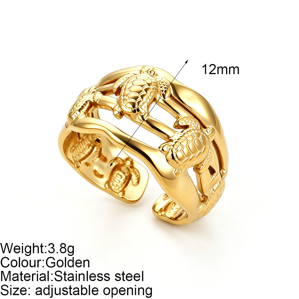 Starfish Adjustable Ring For Women In Marine Style, Asymmetrical Design With PVD Coated 304 Stainless Steel And Shell Inlay
