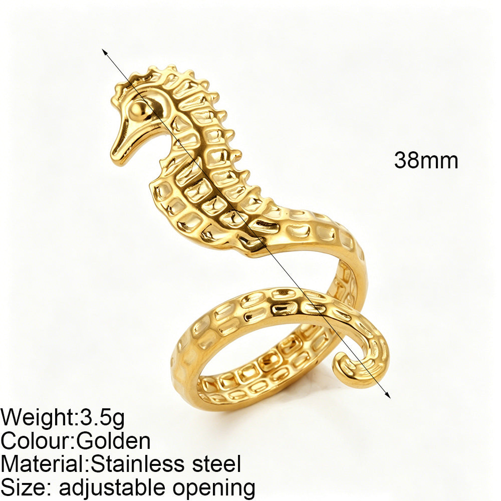Starfish Adjustable Ring For Women In Marine Style, Asymmetrical Design With PVD Coated 304 Stainless Steel And Shell Inlay
