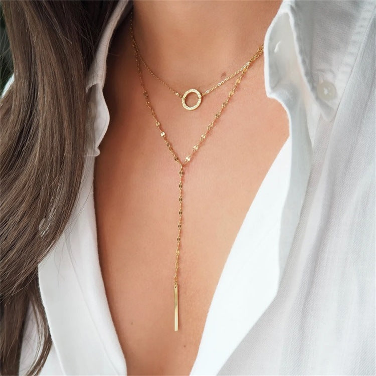 Geometric Double Layer Necklaces For Women In Steel Color, 304 Stainless Steel With Electroplated Finish And Thin Chain