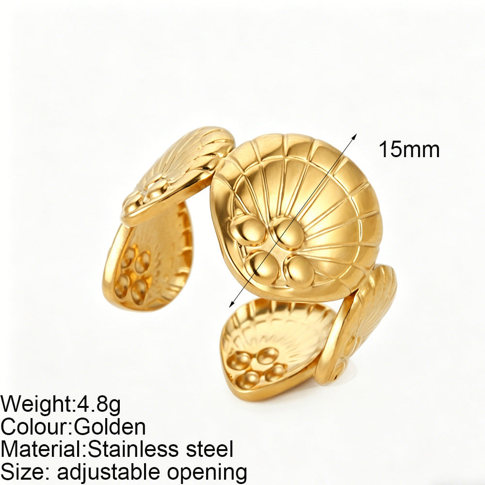 Starfish Adjustable Ring For Women In Marine Style, Asymmetrical Design With PVD Coated 304 Stainless Steel And Shell Inlay