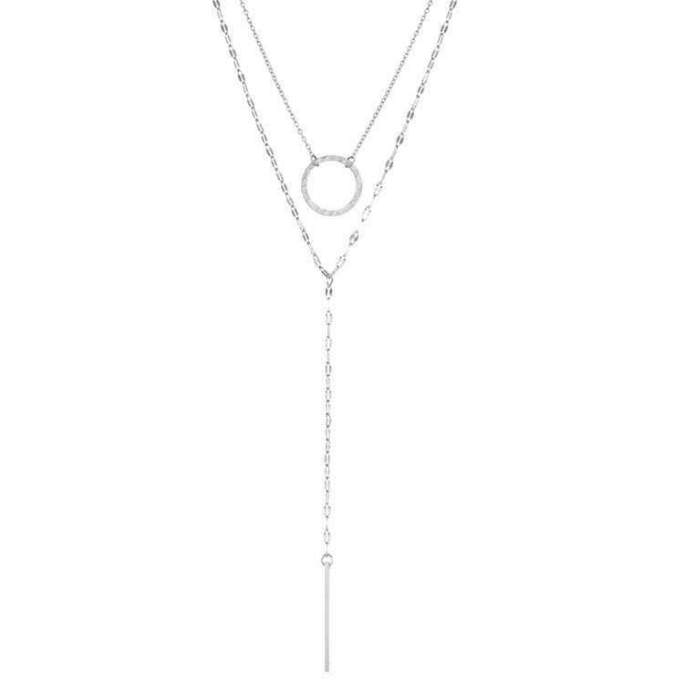 Geometric Double Layer Necklaces For Women In Steel Color, 304 Stainless Steel With Electroplated Finish And Thin Chain