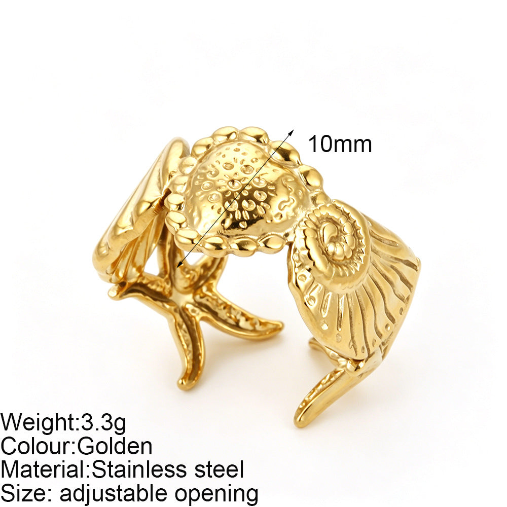 Starfish Adjustable Ring For Women In Marine Style, Asymmetrical Design With PVD Coated 304 Stainless Steel And Shell Inlay