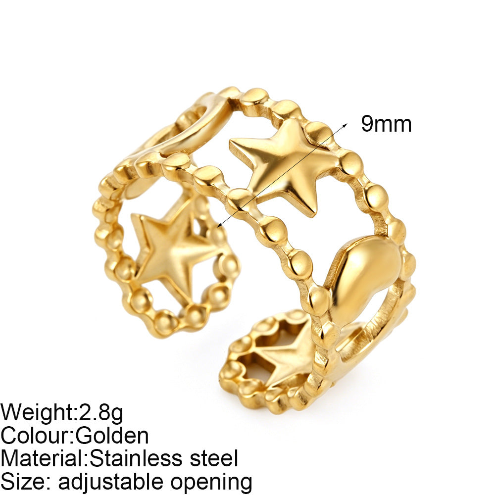 Starfish Adjustable Ring For Women In Marine Style, Asymmetrical Design With PVD Coated 304 Stainless Steel And Shell Inlay