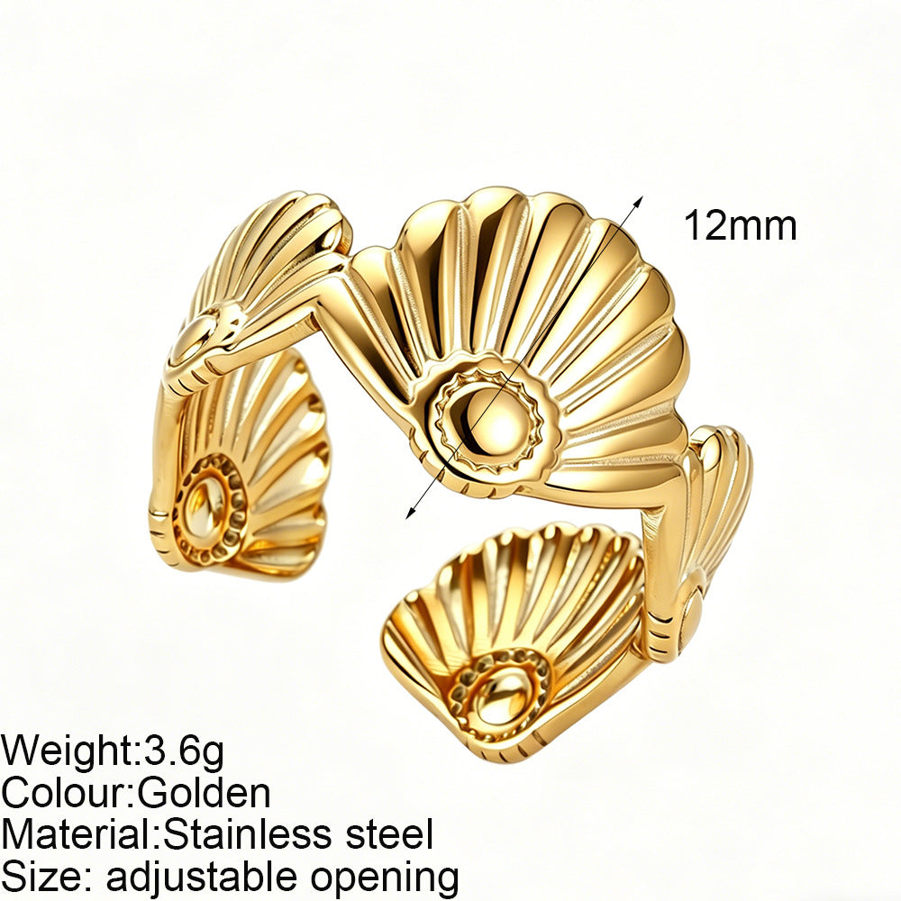Starfish Adjustable Ring For Women In Marine Style, Asymmetrical Design With PVD Coated 304 Stainless Steel And Shell Inlay