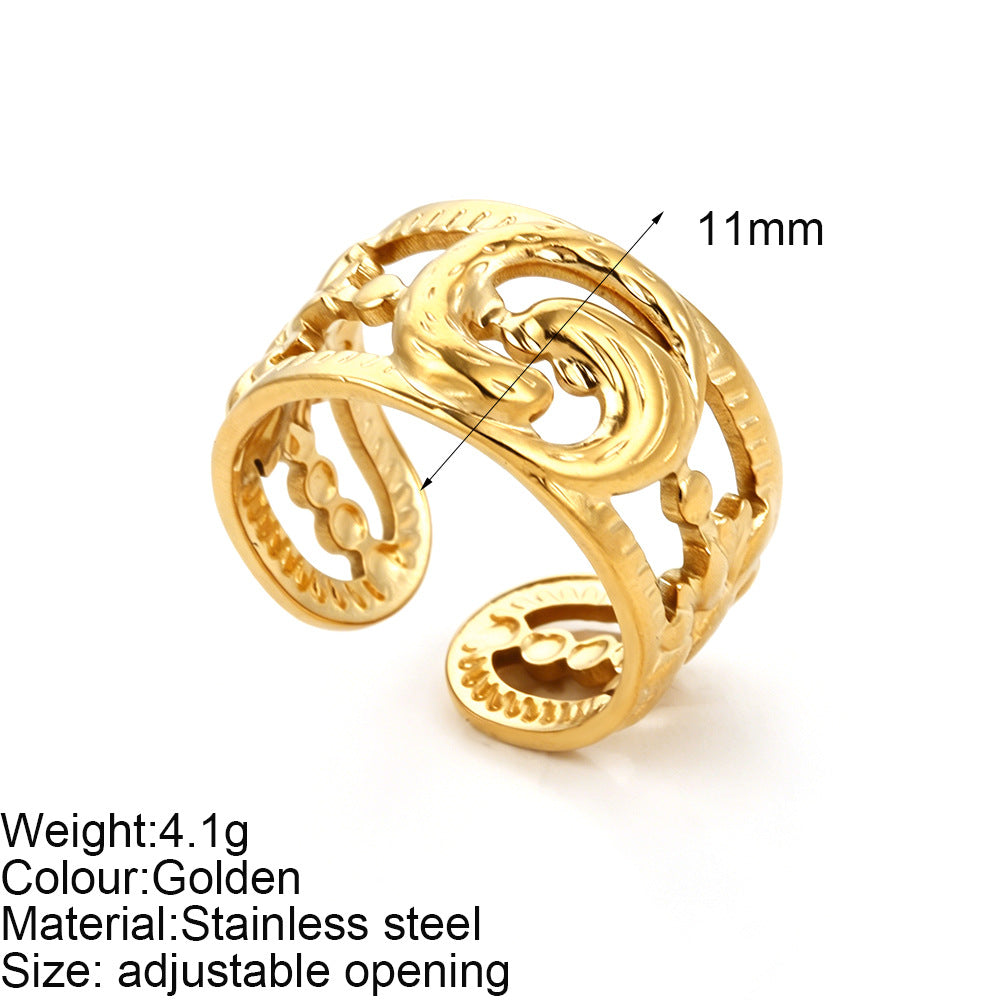 Starfish Adjustable Ring For Women In Marine Style, Asymmetrical Design With PVD Coated 304 Stainless Steel And Shell Inlay