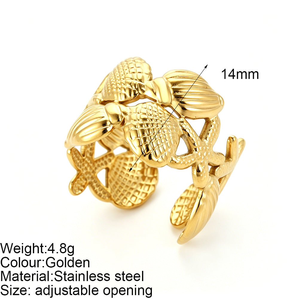 Starfish Adjustable Ring For Women In Marine Style, Asymmetrical Design With PVD Coated 304 Stainless Steel And Shell Inlay