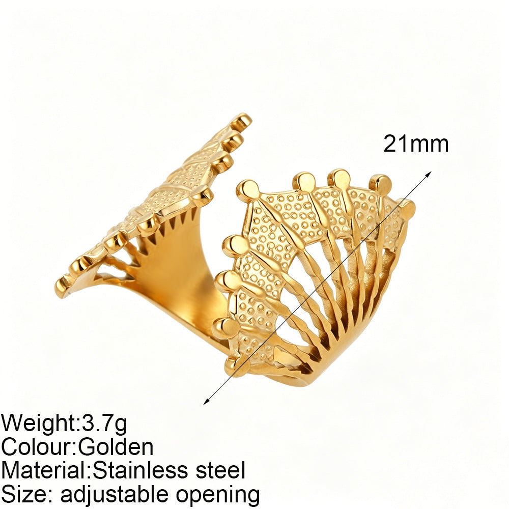 Starfish Adjustable Ring For Women In Marine Style, Asymmetrical Design With PVD Coated 304 Stainless Steel And Shell Inlay