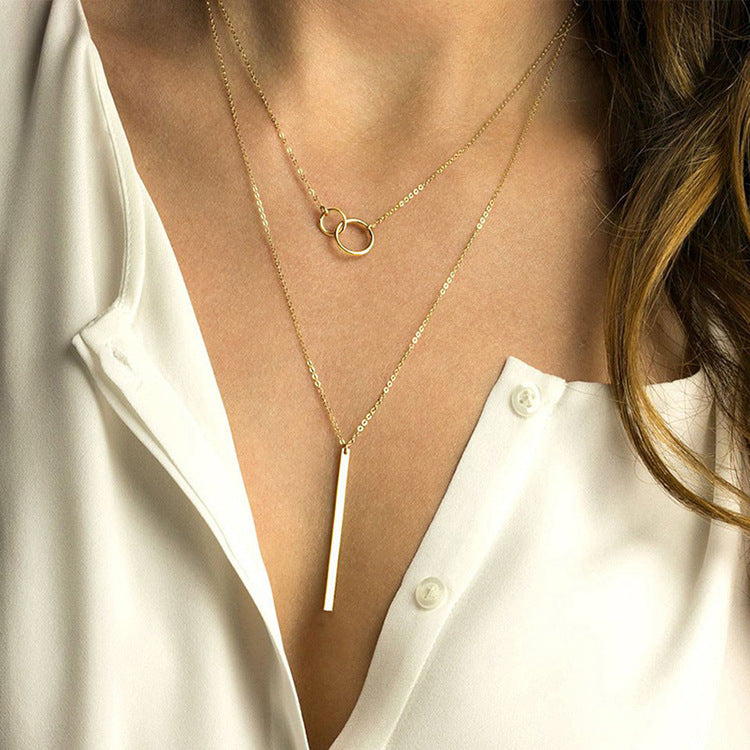 Geometric Double Layer Necklaces For Women, 304 Stainless Steel Steel Color With Electroplated Finish And Thin Chain