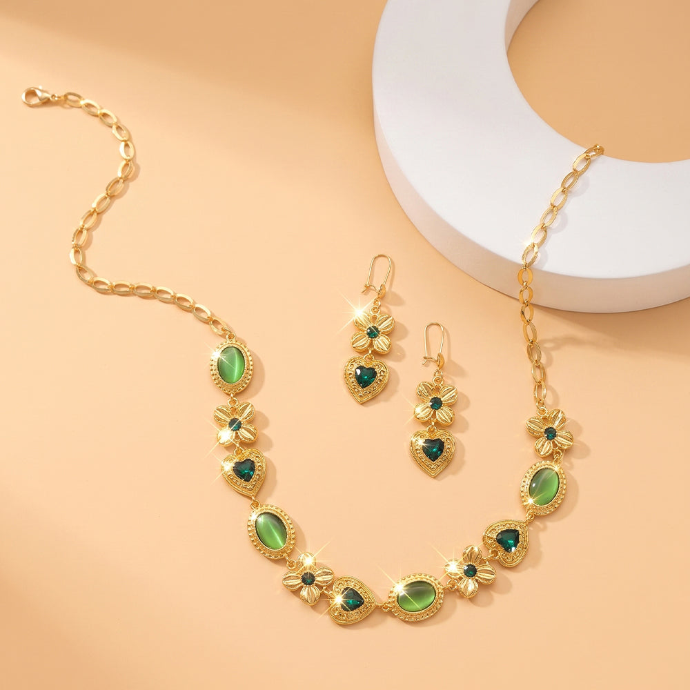 Geometric Jewelry Set For Women Featuring Water Plating Craft, Golden Plated Copper With Cat's Eye Stone Inlay And Cable Chain