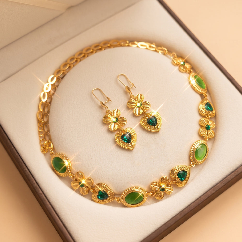 Geometric Jewelry Set For Women Featuring Water Plating Craft, Golden Plated Copper With Cat's Eye Stone Inlay And Cable Chain