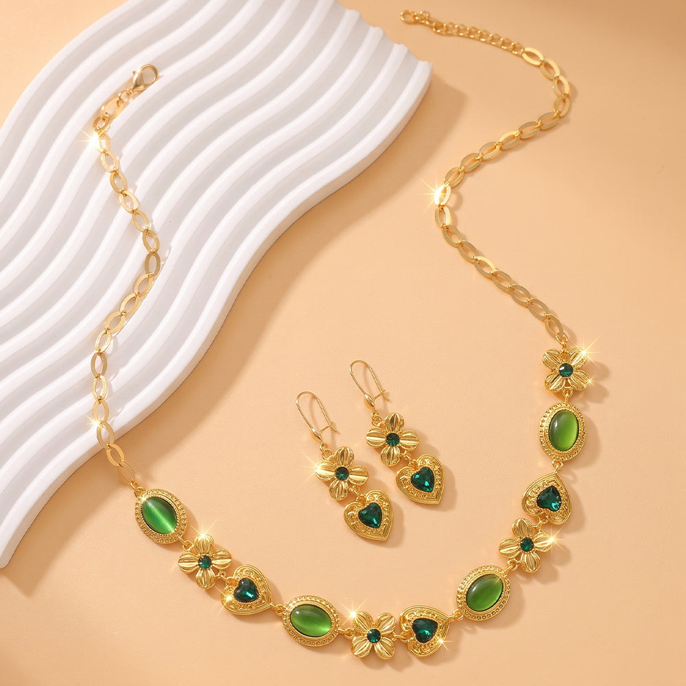 Geometric Jewelry Set For Women Featuring Water Plating Craft, Golden Plated Copper With Cat's Eye Stone Inlay And Cable Chain