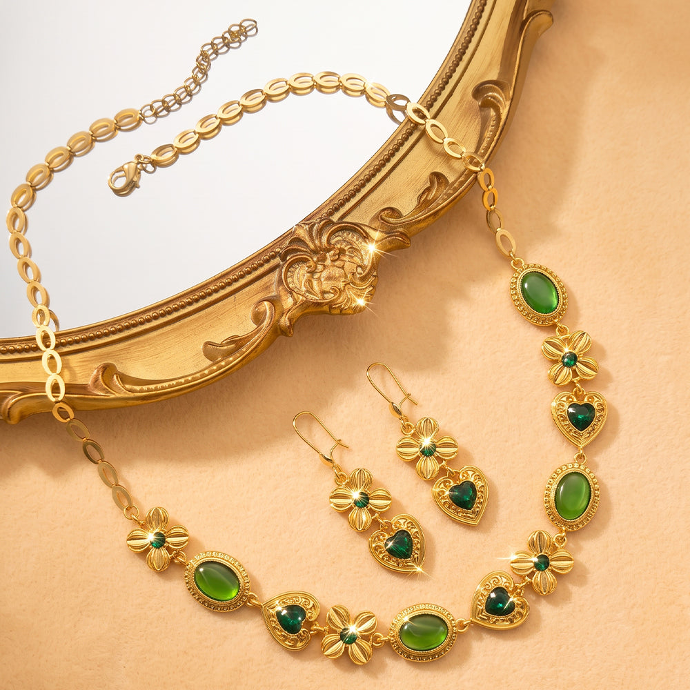 Geometric Jewelry Set For Women Featuring Water Plating Craft, Golden Plated Copper With Cat's Eye Stone Inlay And Cable Chain
