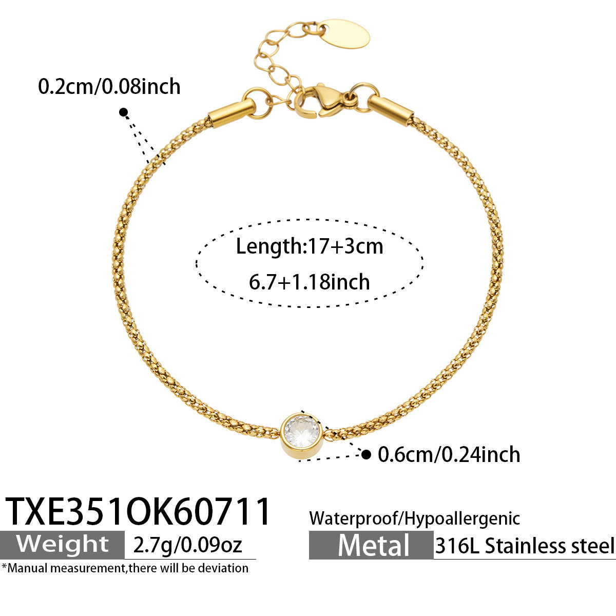 Geometric CNC Bracelets In IG Style, 316 Stainless Steel With 18K Gold Plated PVD Coating And Zircon Inlay Chain