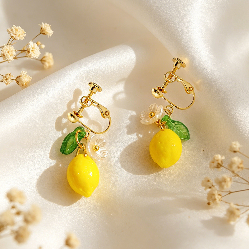 Handmade Sweet Lemon Clip Earrings For Women In Yellow Acrylic
