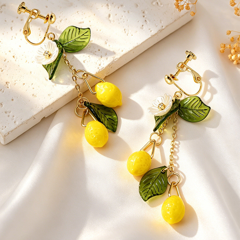 Handmade Sweet Lemon Clip Earrings For Women In Yellow Acrylic