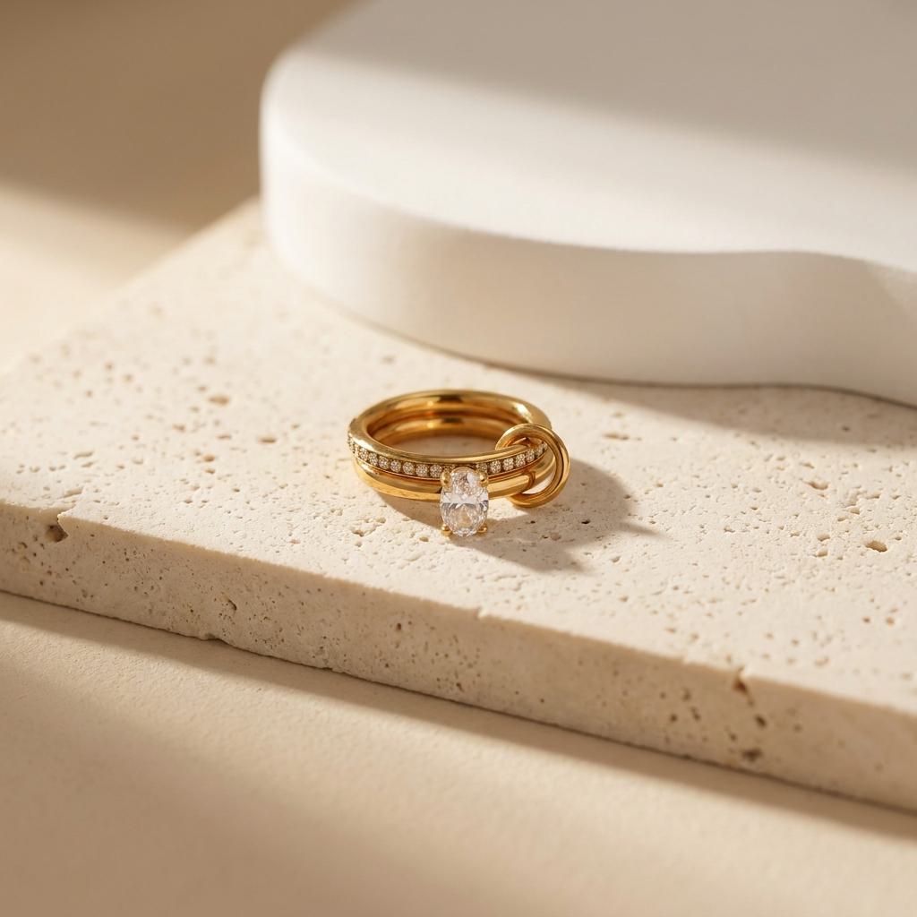 Geometric Electroplated Rings For Women In 304 Stainless Steel With 18K Real Gold PVD Coating And Zircon Inlay