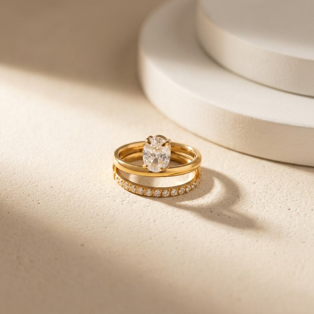 Geometric Electroplated Rings For Women In 304 Stainless Steel With 18K Real Gold PVD Coating And Zircon Inlay