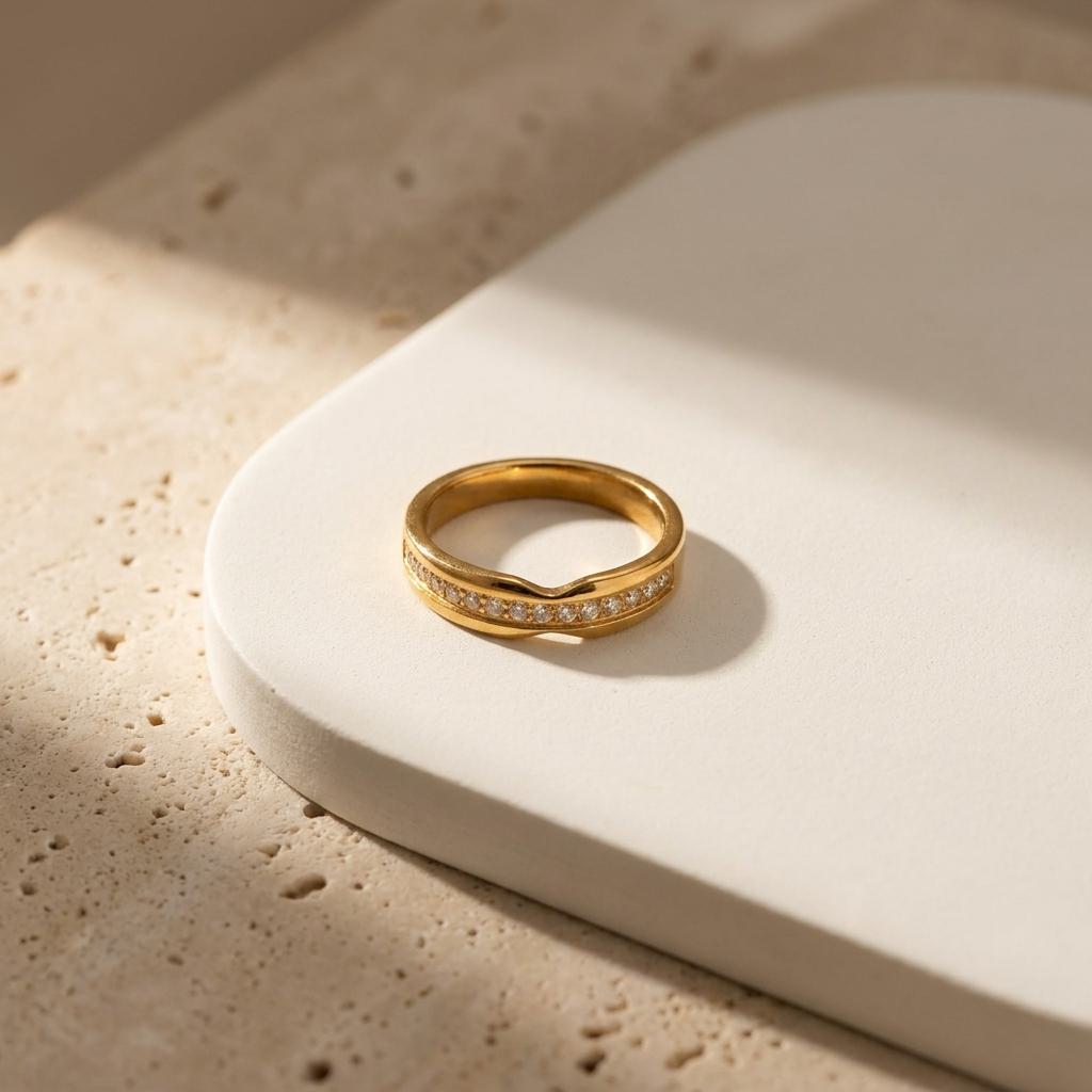 Geometric Electroplated Rings For Women In 304 Stainless Steel With 18K Real Gold PVD Coating And Zircon Inlay