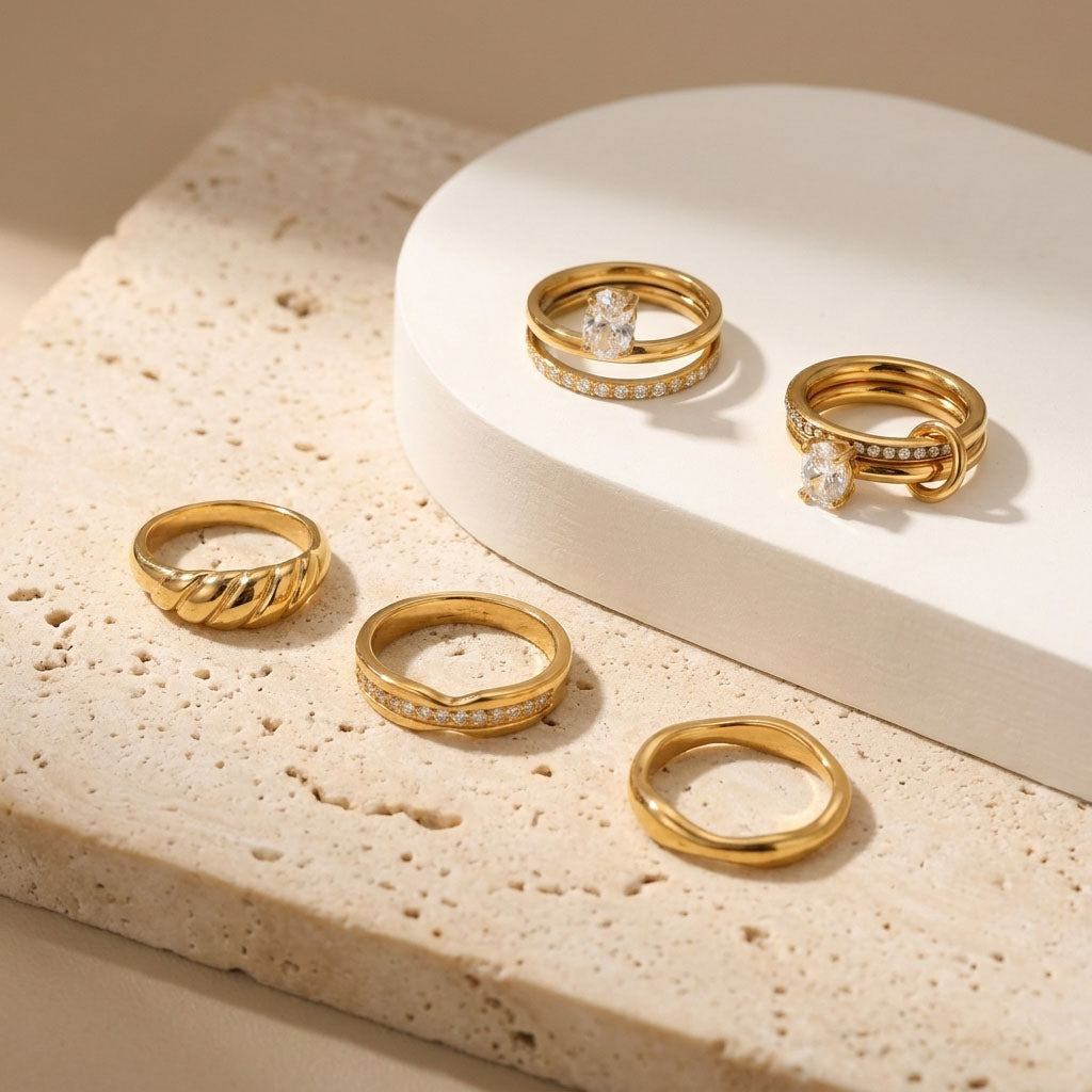 Geometric Electroplated Rings For Women In 304 Stainless Steel With 18K Real Gold PVD Coating And Zircon Inlay