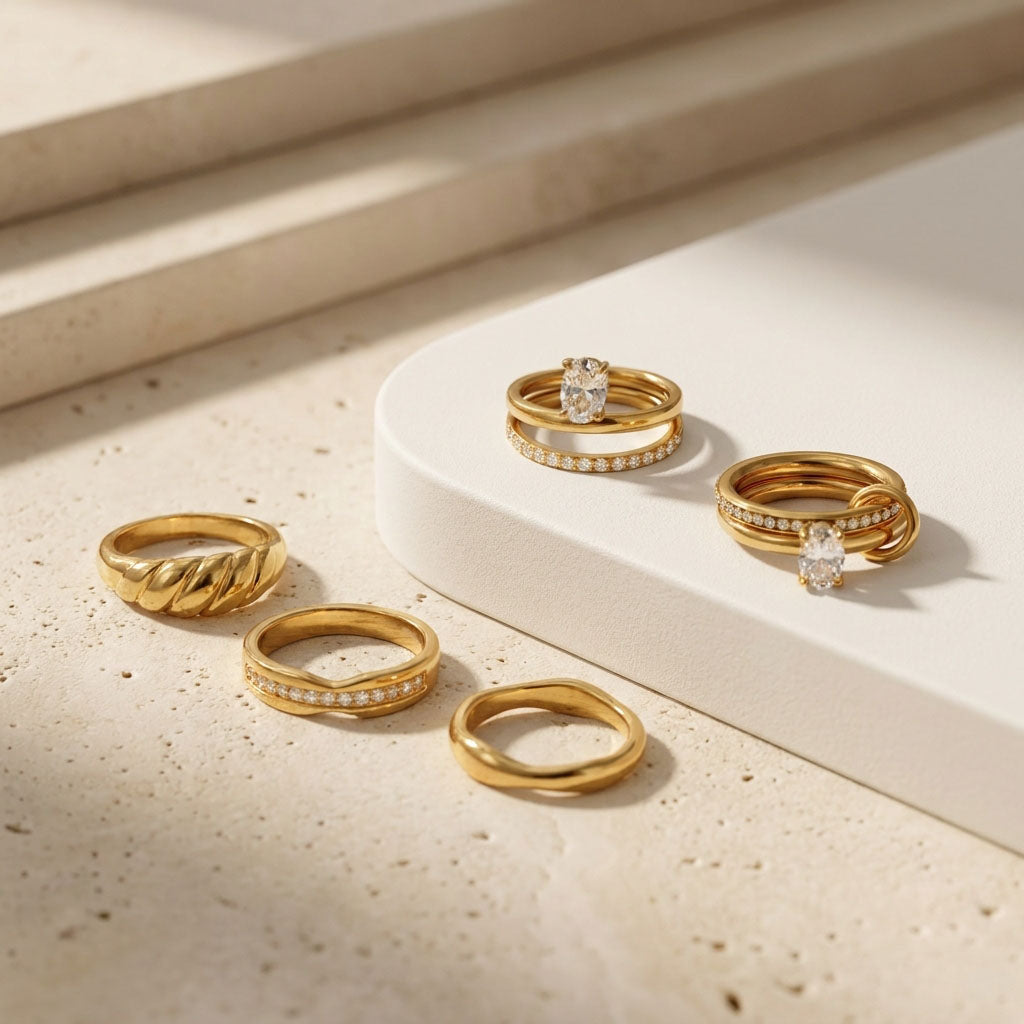 Geometric Electroplated Rings For Women In 304 Stainless Steel With 18K Real Gold PVD Coating And Zircon Inlay