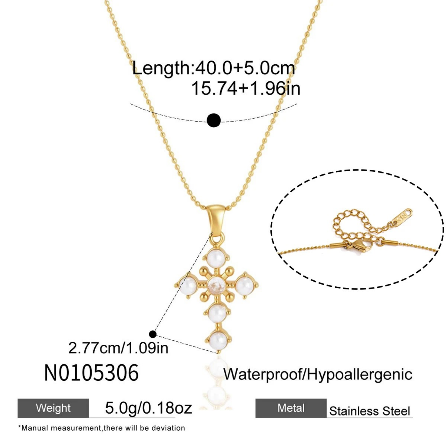 Hypoallergenic Women's Cross Necklace With 18K Gold Plated 304 Stainless Steel, Imitation Pearl, PVD Coated Chain